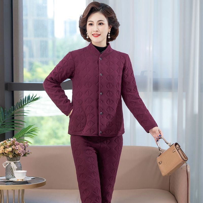 三件套保暖套装中年女装冬季新款蚕丝棉外穿高档棉服妈妈装两件套|undefined
