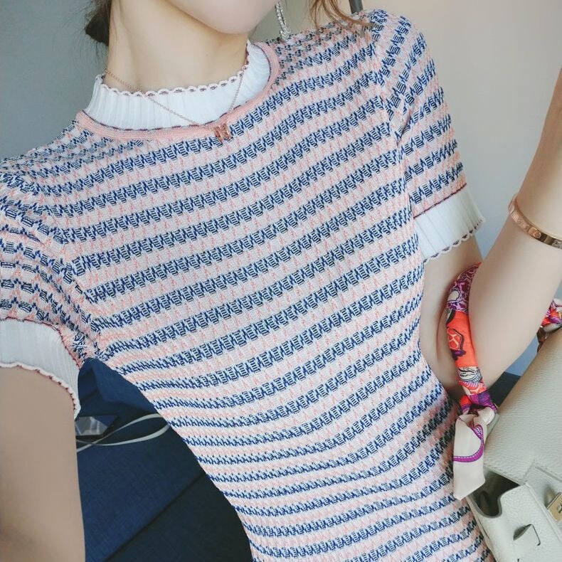 New Rainbow Color-Block Striped Crochet Knit 2026 Summer Stylish Slim-Fit Knit Top Trendy Blouse