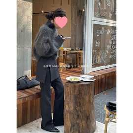 秋季搭配一整套韩系感穿搭套装深灰色毛衣拼接阔腿裤两件套女