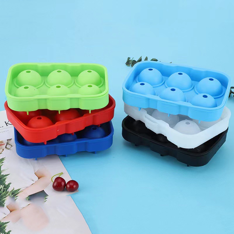Bandeja de hielo de silicona de grado alimenticio whisky redondo 6-rejilla molde de hielo de silicona molde de hielo cuadrado caja de almacenamiento de hielo de hockey sobre hielo