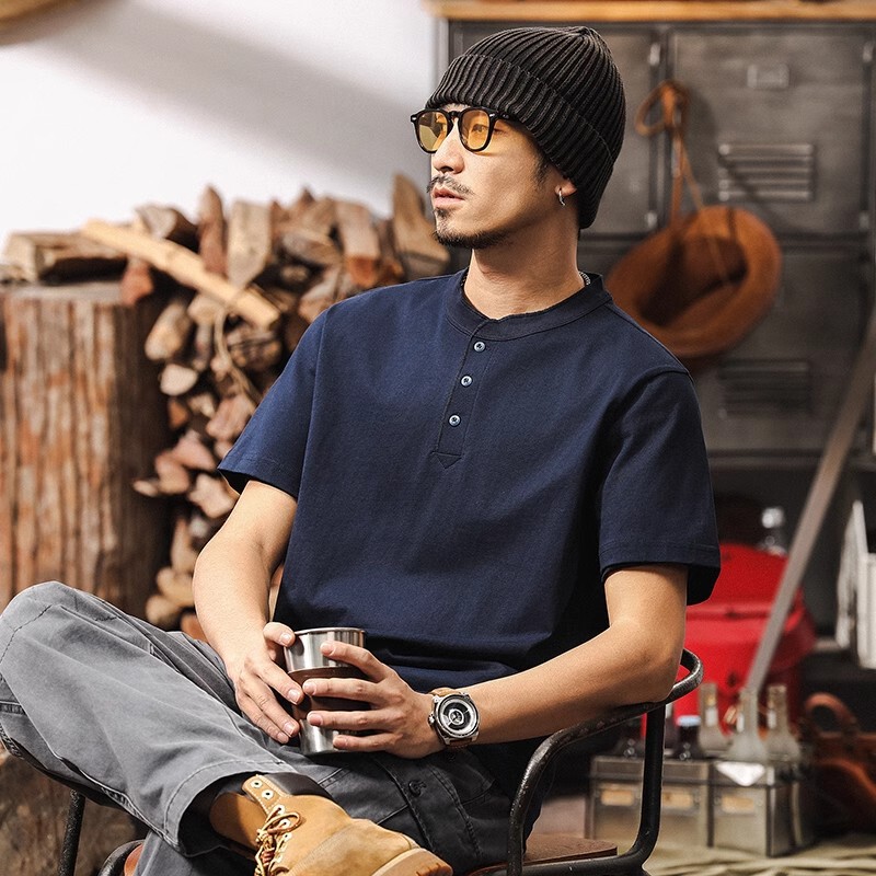 American Retro Henry Collar Men's Polo Shirt Short-Sleeved Men's Summer Trendyy Large Size T-Shirt Men's Loose Casual Top