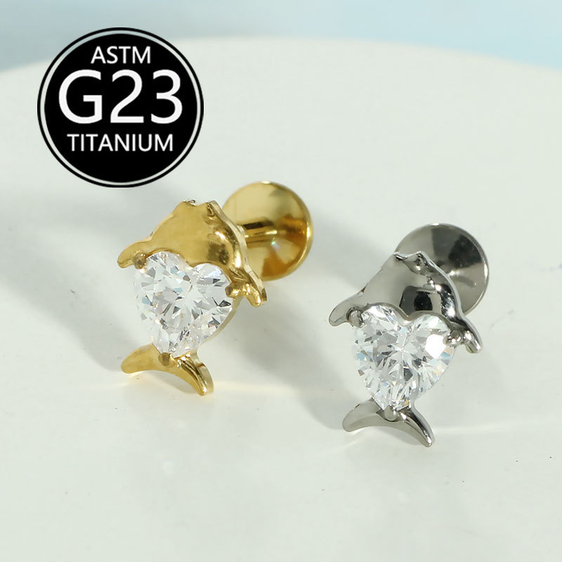 F136 Heart-Shaped Fish Lip Piercing with Zircon Inlay, Dolphin G23 Titanium Body Piercing, Ear Cartilage Stud, Sold Individually detail image 5