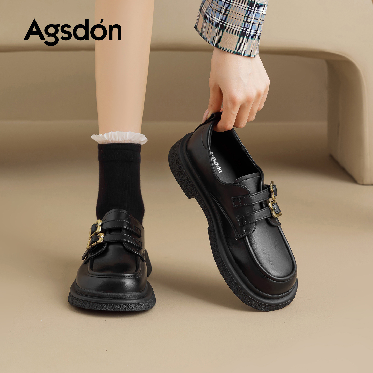 Augusto Lion Black Lefour zapatos para mujeres 2025 nuevo otoño suela suave no se cansa de los pies un pedazo de zapatos de cuero estilo británico