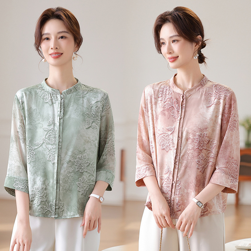 Spring and Summer 2025 New Mother's Seven-point Printed Small Shirt with Vertical Collar Shirt Chinese Style Summer Western Style Shirt Top New
