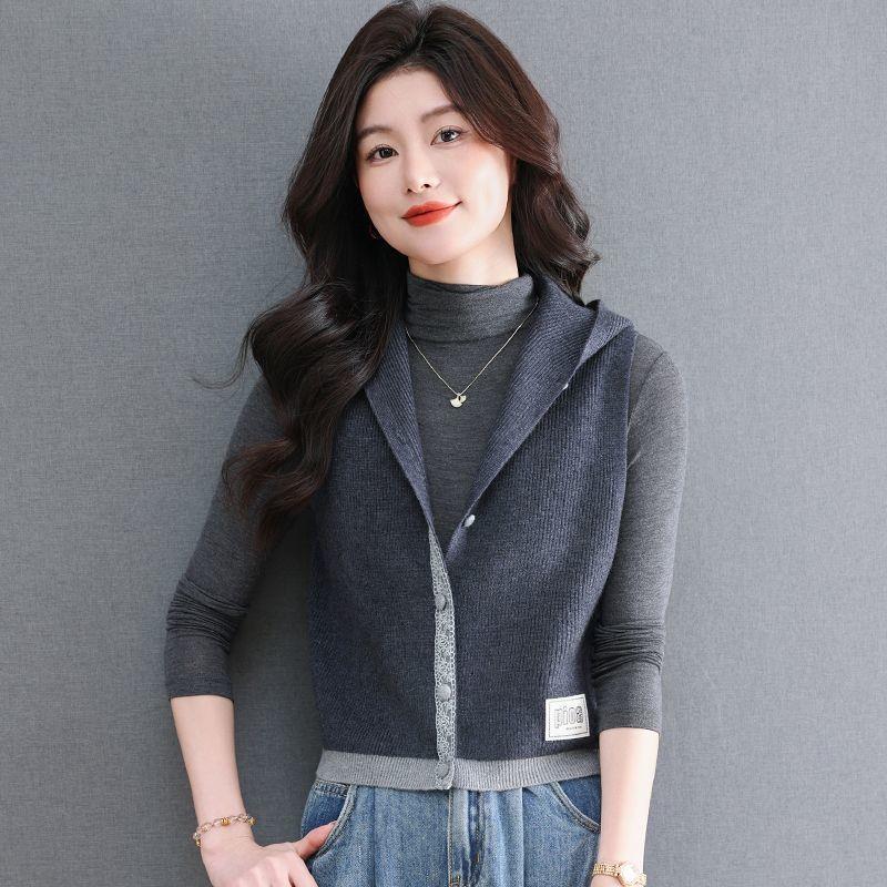 Knitted spring autumn lace vest with hood sleevless
