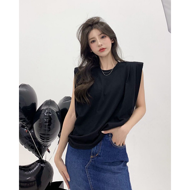 Real Shot Summer Design Sense Pad Shoulder Vest Double Yarn Smooth Cotton Pad Shoulder Sleeveless T-shirt Ins Loose Top