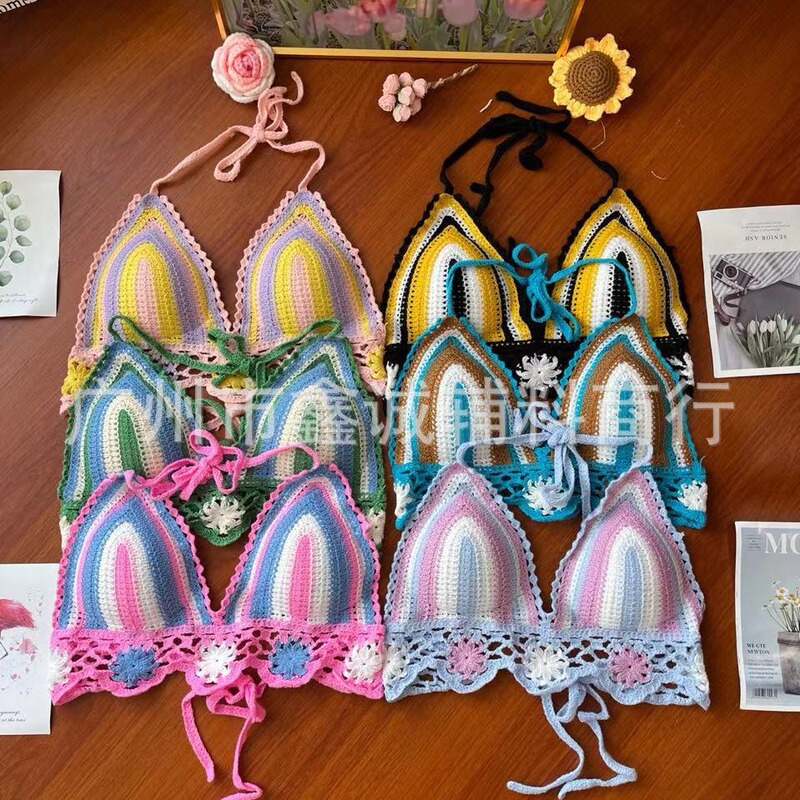 Ethnic style seaside beach halter small camisole women's autumn rainbow color patchwork embroidered hollow-out sexy top