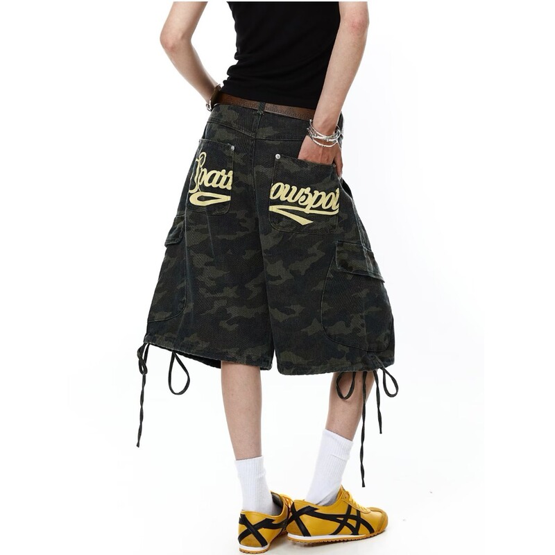 Drawstring Multi-Pocket Letter Print Camouflage Cargo Shorts for Men and Women, Summer Denim Shorts, Men's Summer Jeans Drawstring Multi-Pocket Letter Print Camouflage Cargo Shorts for Men and Women, Summer Denim Shorts, Men's Summer Jeans