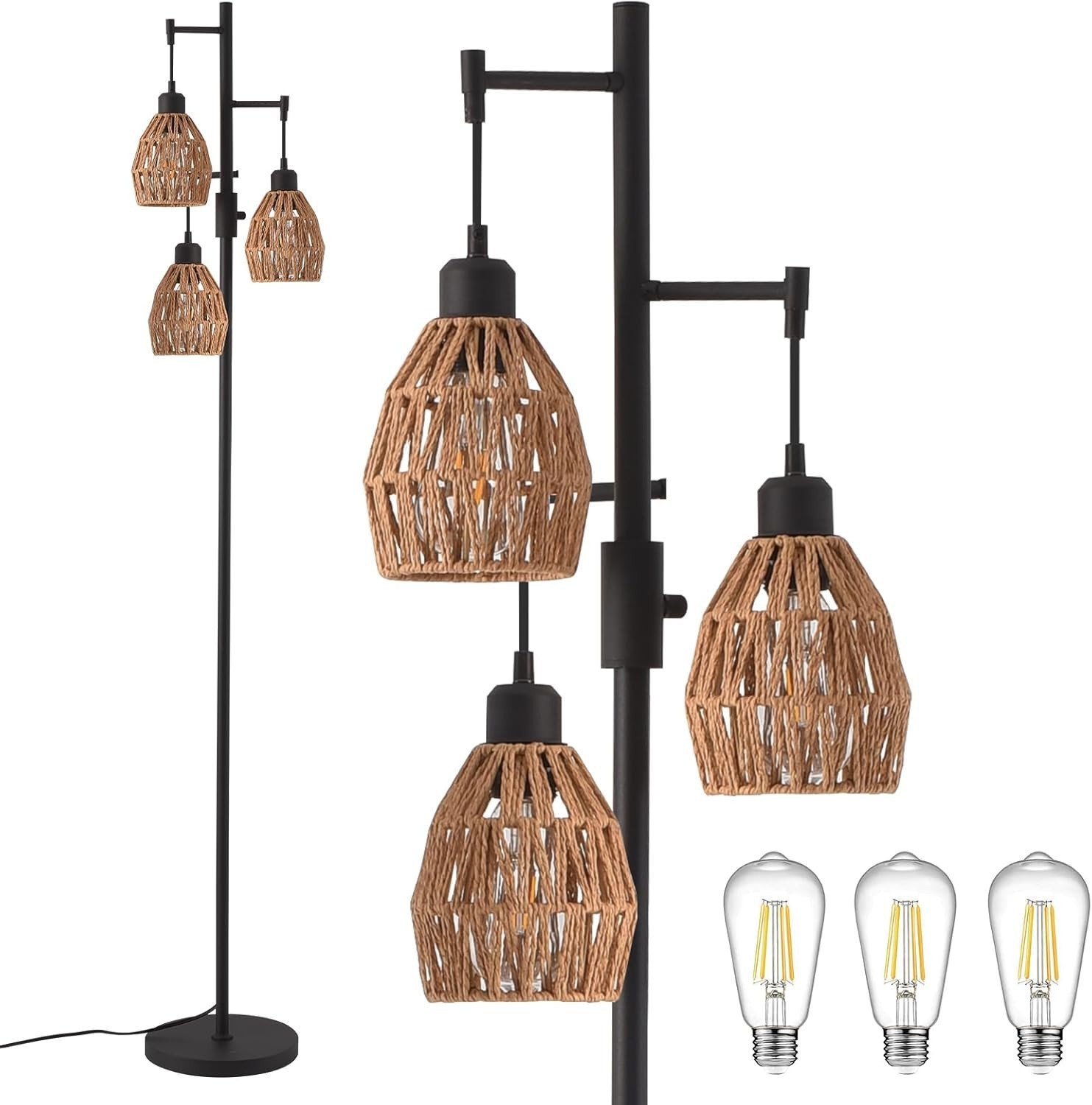 Transfronterizo Amazon estilo retrógrado estilo rústico americano jaula de pájaros de hierro forjado tres cabezas lámpara de piso sala de estar dormitorio