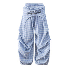 衣品男装原创美式复古褶皱屁帘飘带字母格纹阔腿长裤女爵士舞蹈裤