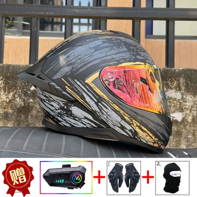 Motosiklet kaskı (dəbilqə): Standard 3C Certification - gold-explosion-field-iridescent-red-night-vision-capable-y10-soft-microphone-includes-clear-lens-s