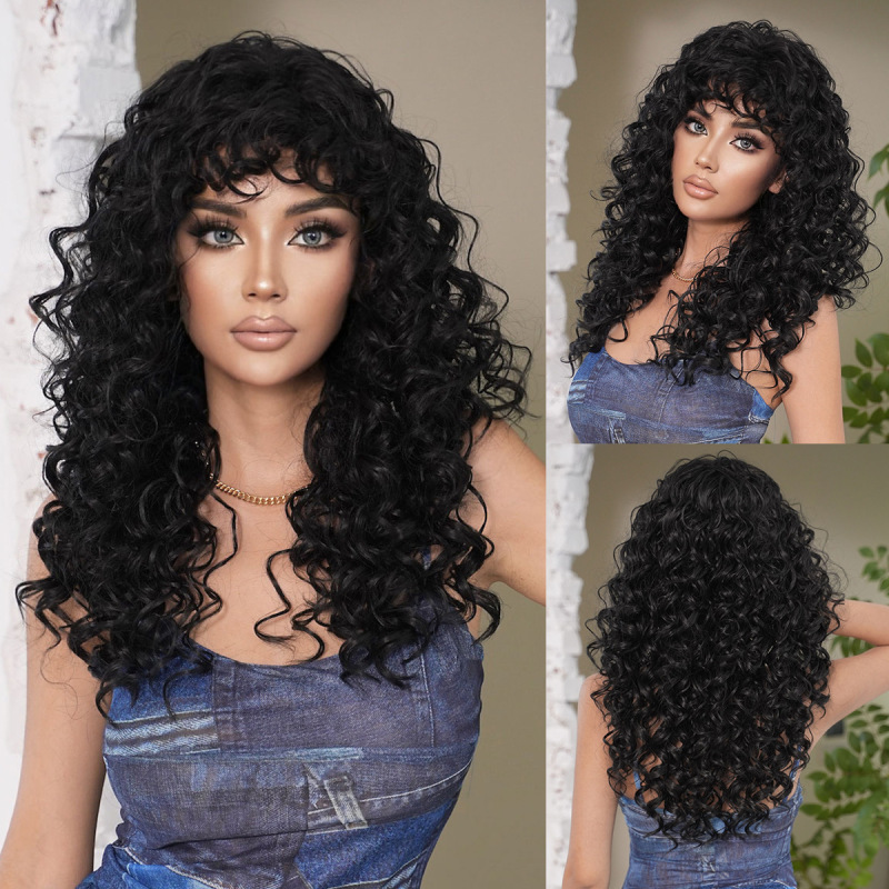 新しいホットガールアジアンハニーゴールドカーリーヘア黒人スプリングカーリーロングヘア前髪付き化学繊維機械製ウィッグ|undefined