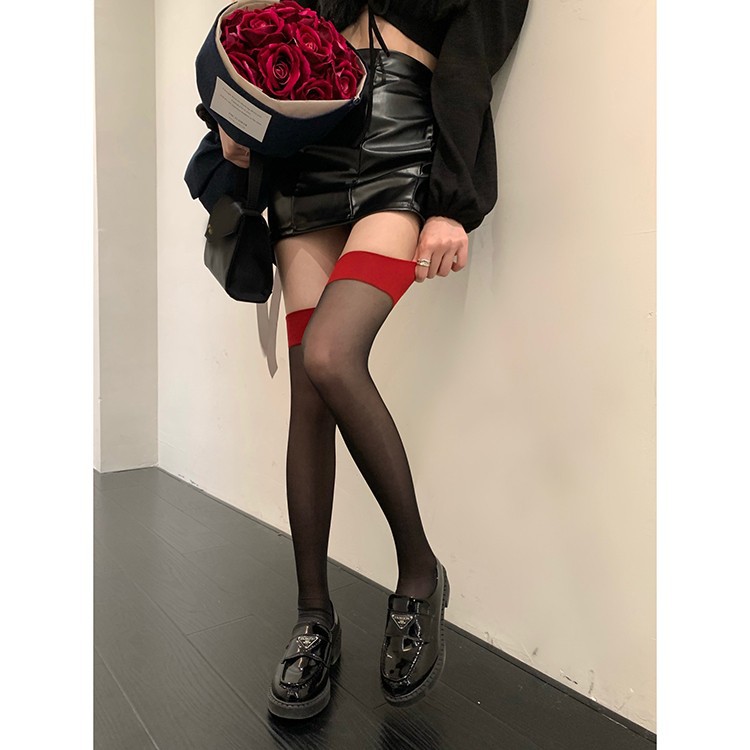 Black ins Internet Celebrity Sexy Red Side Stitching Sexy Thigh Stockings Thin Black Silk Pure Long Tube Over-the-Knee Stockings