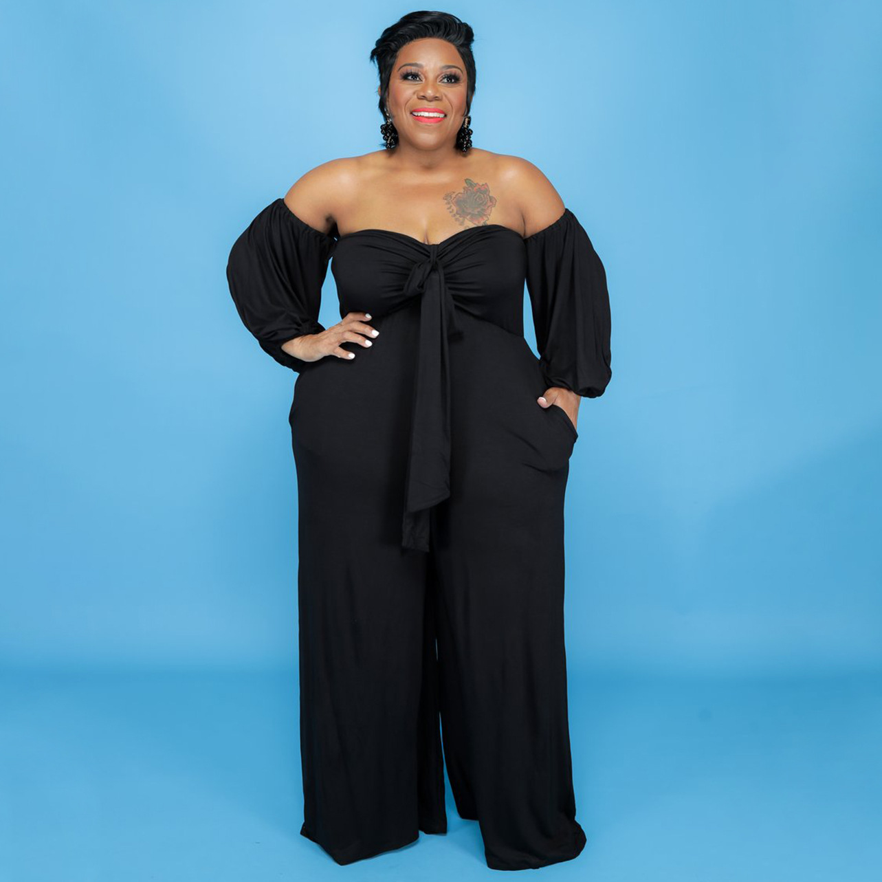 plus size puff sleeve tube top lace-up wide-leg solid color jumpsuit NSLNW122674