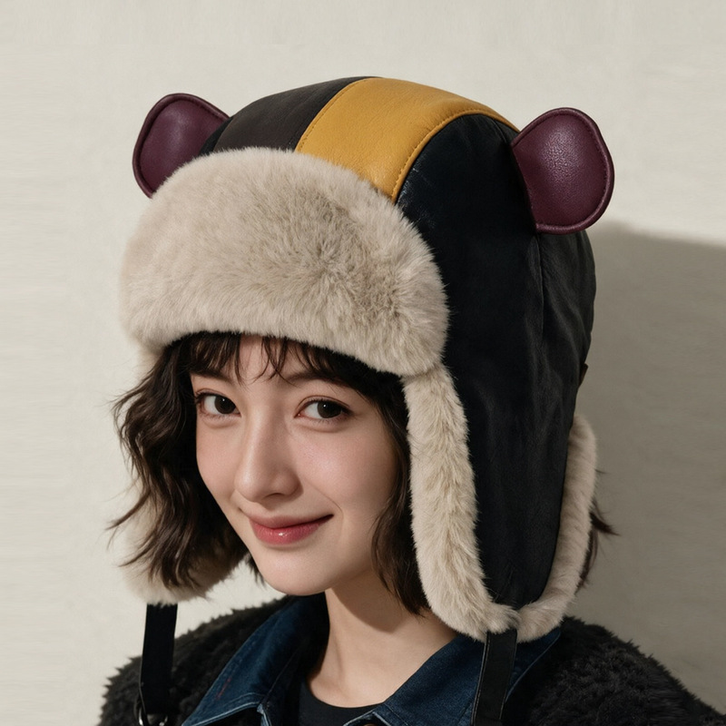 Color-blocked bear-ear Lei Feng hat, unisex, thickened and warm for winter, plush leather cycling ear-covering pilot hat Color-blocked bear-ear Lei Feng hat, unisex, thickened and warm for winter, plush leather cycling ear-covering pilot hat