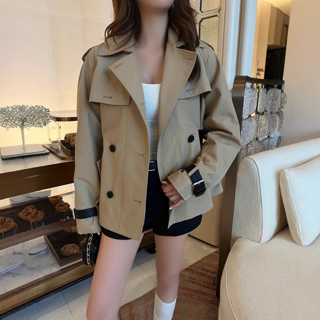 【深圳南油】早秋D家新款腰间拼皮收腰设计经典双排扣风衣外套女