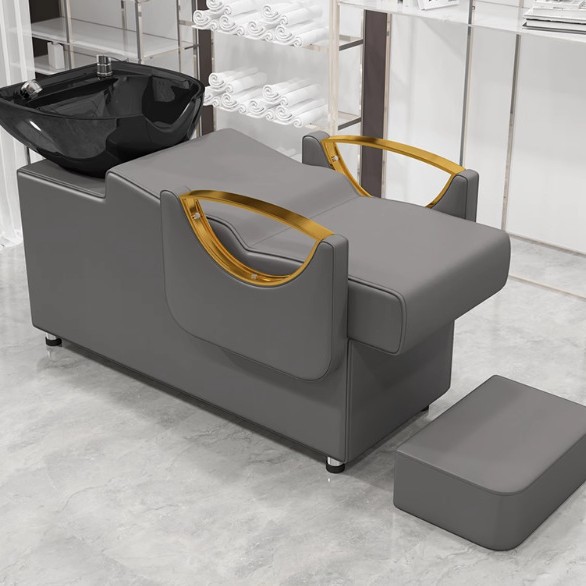 Peluquería Cama de champú Peluquería Masaje especial Terapia de cabeza Lavabo de cerámica Brazalanos de acero inoxidable Cama de champú de peluquería semi-reclinada