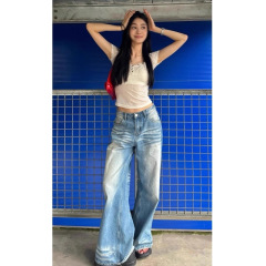 美式浅蓝阔腿牛仔裤女夏季新款小个子高腰宽松显瘦垂感拖地直筒裤