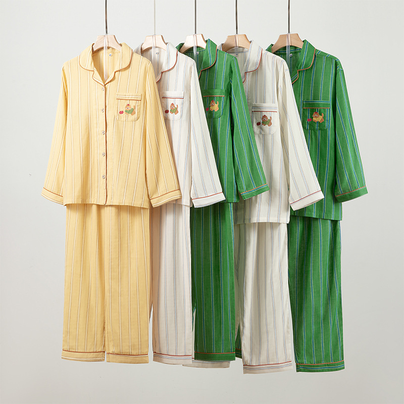 25 spring and summer new cotton three-color striped men's and women's long sleeve trousers embroidered pajamas home clothes lovers suit wholesale