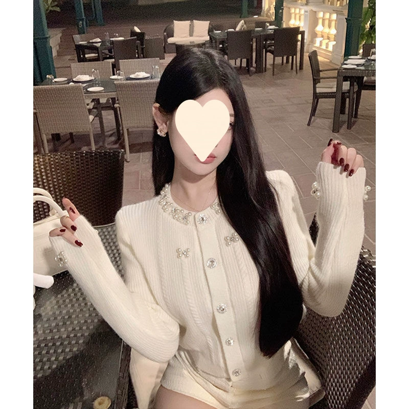 Осенний и зимний ароматный темперамент тяжелый жемчуг бисер с круглым вырезом свитер кардиган