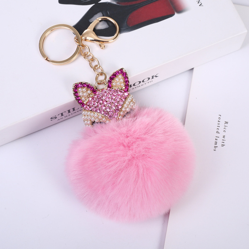 Korean-style alloy diamond inlaid pearl fox fur ball key chain key ring ladies bag accessories plush pendant