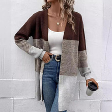 亚马逊欧美跨境2023年秋季新款时尚复古长袖撞色中长款针织开衫女