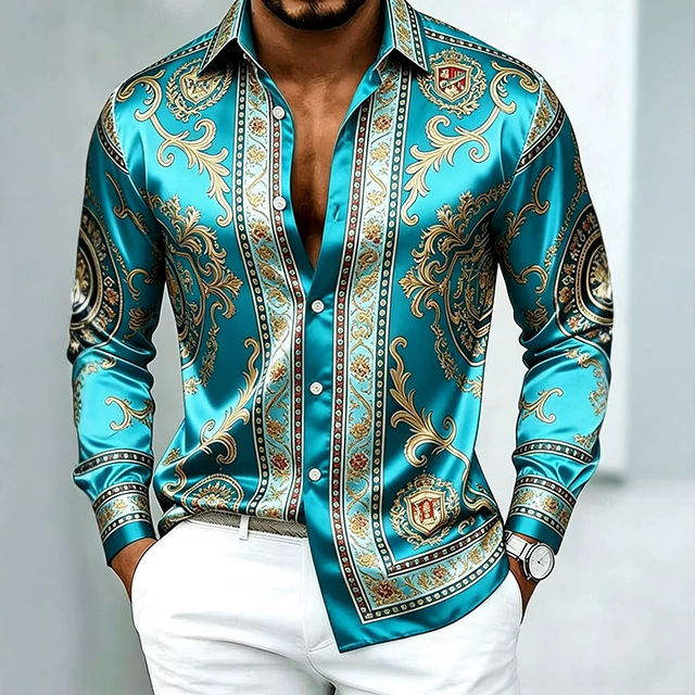 Men's shirt, light luxury vintage gold-printed satin shirt, drapey, wrinkle-free top, cross-border high-end men's clothing wholesale