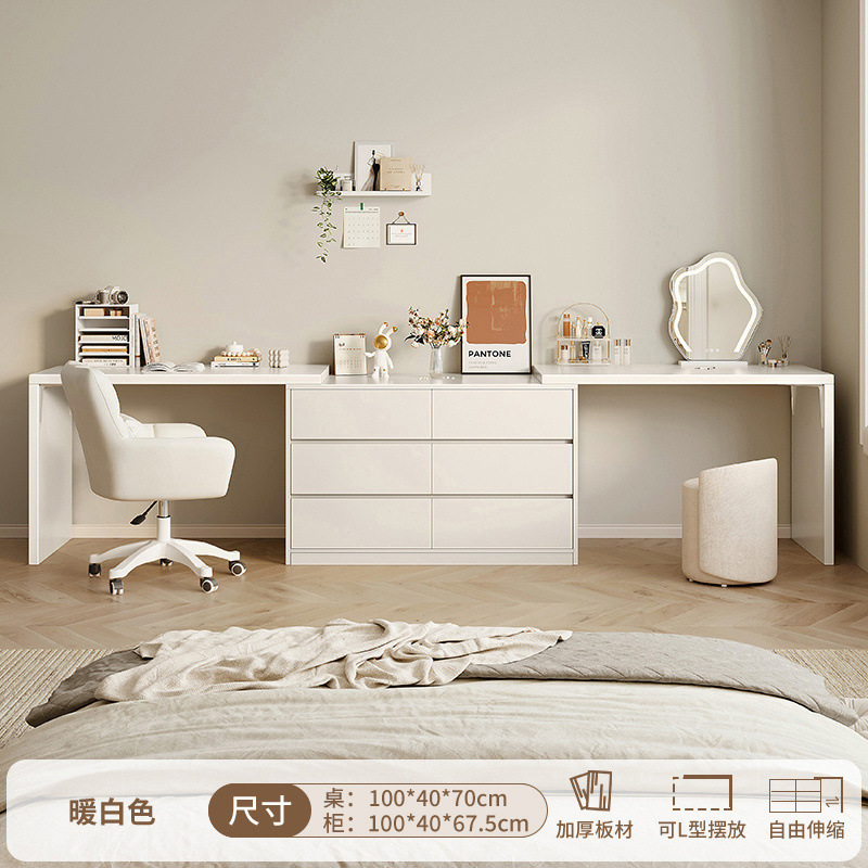 [더블테이블+거울+스툴+의자] 100CM 웜화이트