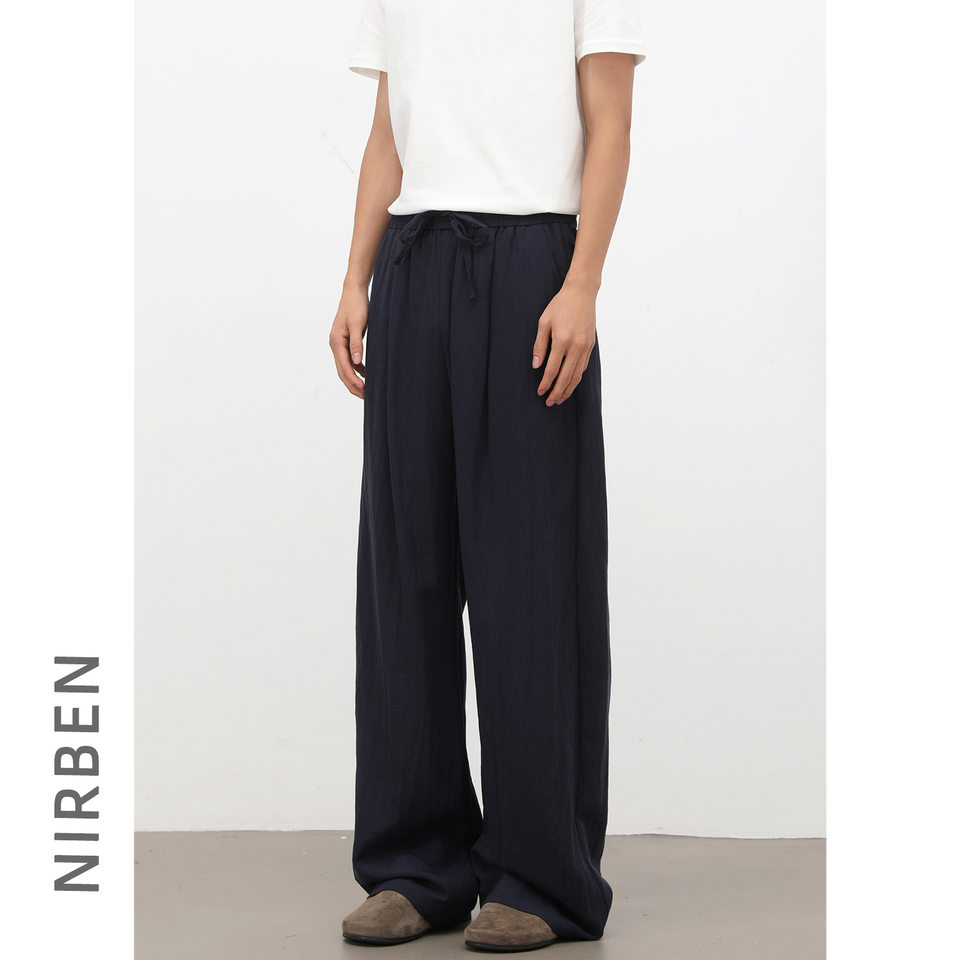 Quần casual nam vải Lyocell pha lanh dây rút, dáng rộng ống suông, mỏng nhẹ — Màu kaki, Màu xanh tím than