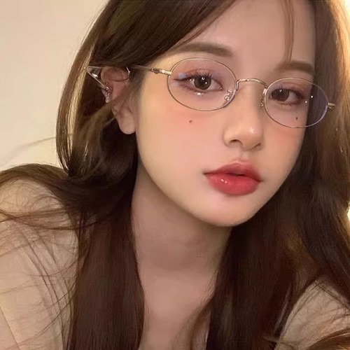 Elliptical small face metal flat lens glasses for nearsightedness, Japanese style girl photography versatile anti-blue light flat lens glasses frame