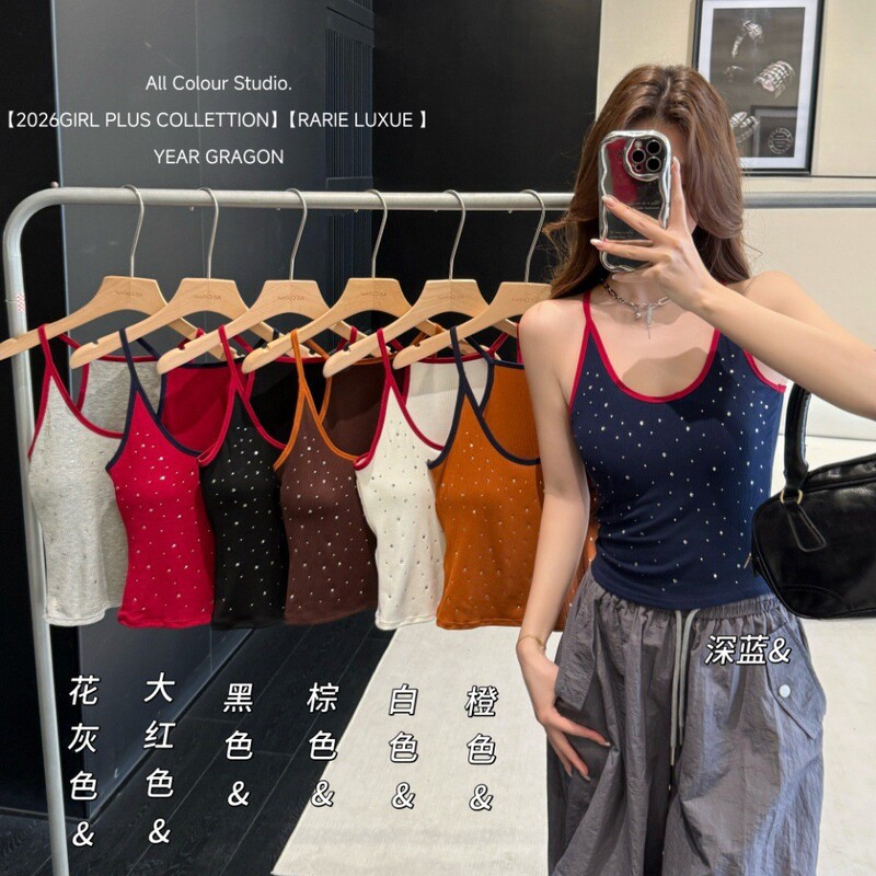 Spring and Summer New Style Rhinestone Versatile Camisole for Women, Round Neck, Fashionable Design, Color-Blocking, Slim Fit, Stretchy Knit, Beautiful Back Spring and Summer New Style Rhinestone Versatile Camisole for Women, Round Neck, Fashionable Design, Color-Blocking, Slim Fit, Stretchy Knit, Beautiful Back
