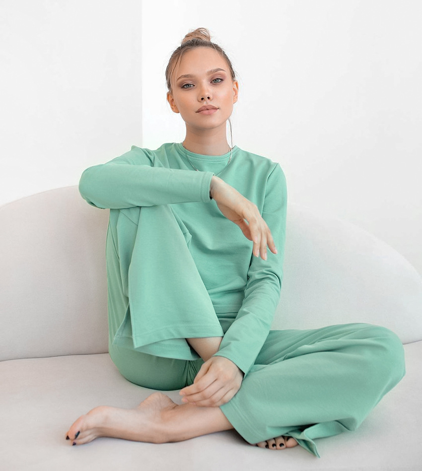 solid color irregular brushed long-sleeved top wide-leg pants pajamas NSMSY137797