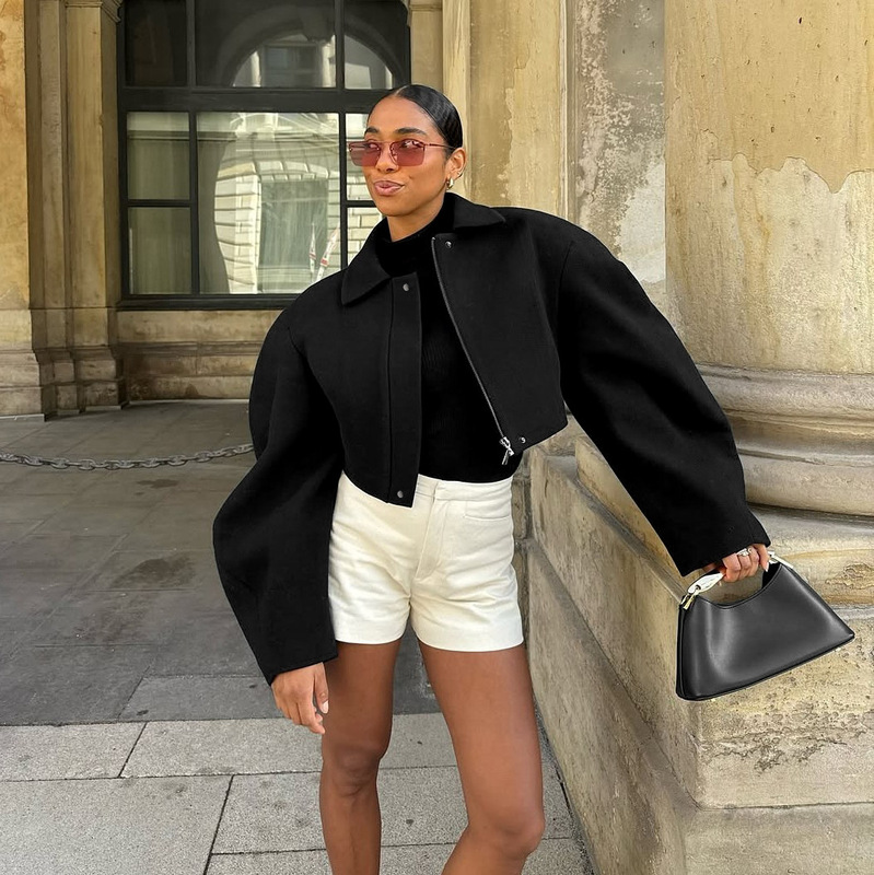 Foreign Trade Wholesale European and American Style 2025 Autum Fashion Trendy Casual Scimitar Lapel Zipper Short Woolen Jacket for Women Foreign Trade Wholesale European and American Style 2025 Autum Fashion Trendy Casual Scimitar Lapel Zipper Short Woolen Jacket for Women