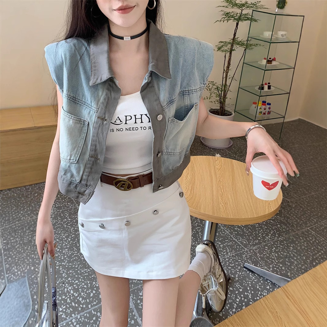 Summer Short Sleeveless Denim Vest Jacket for Women 2026 New Style Petite Short Sleeve Versatile Top