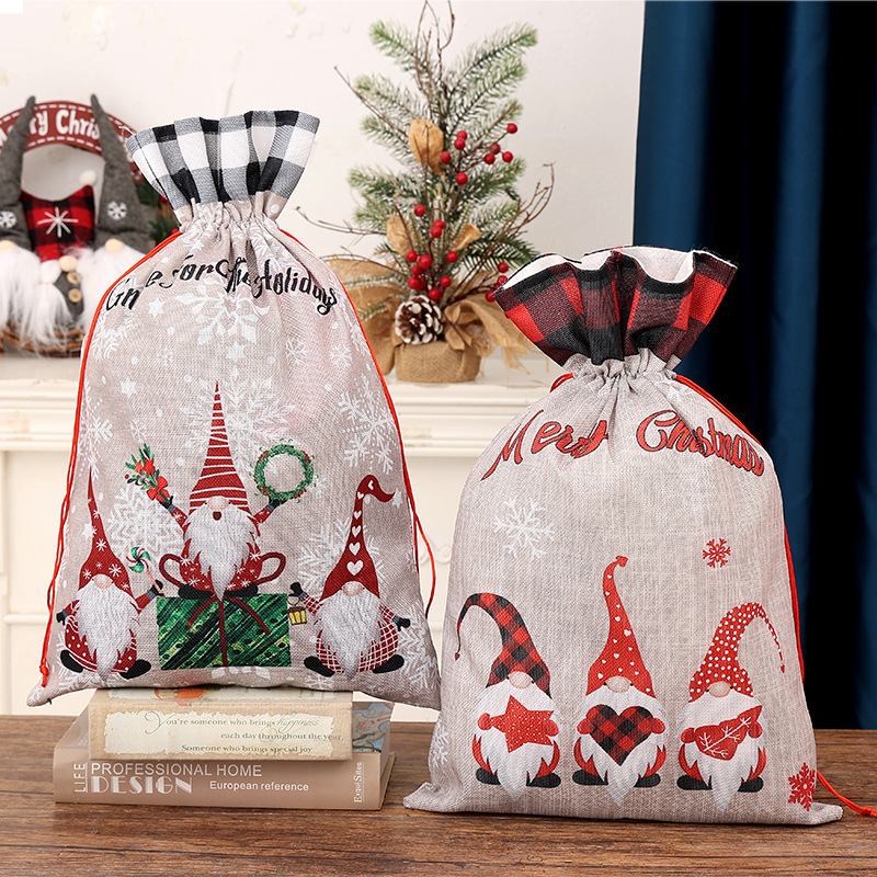 Cross-border Christmas decoration plaid-edged cartoon storage bag linen forest old man gift bag Christmas atmosphere