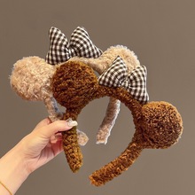 咖色系~小熊发箍毛绒格子蝴蝶结发带秋冬造型减龄洗脸压头箍少女
