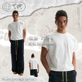 ETAI男装|潮牌高品质纯棉宽松短款纯色短袖截短型袖子散边圆领T恤