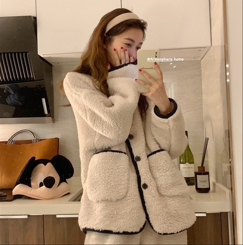 Pijamas de lana de coral con cuello de muñeca dulce francés para mujer más terciopelo engrosado ropa de hogar de franela de invierno traje de gran tamaño invierno