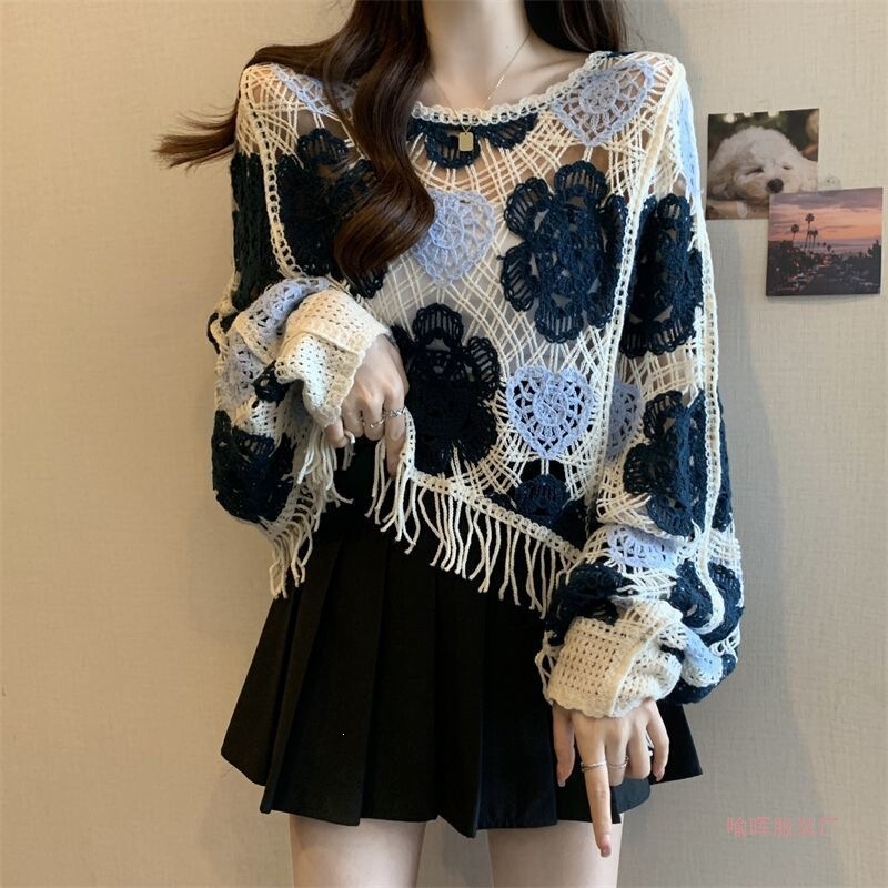 Vintage French-Style Tassel Crochet Knit Sweater for Women, Summer Plus-Size, High-End Loose Fit, Elegant and Slimming Long-Sleeve Top, Lightweight