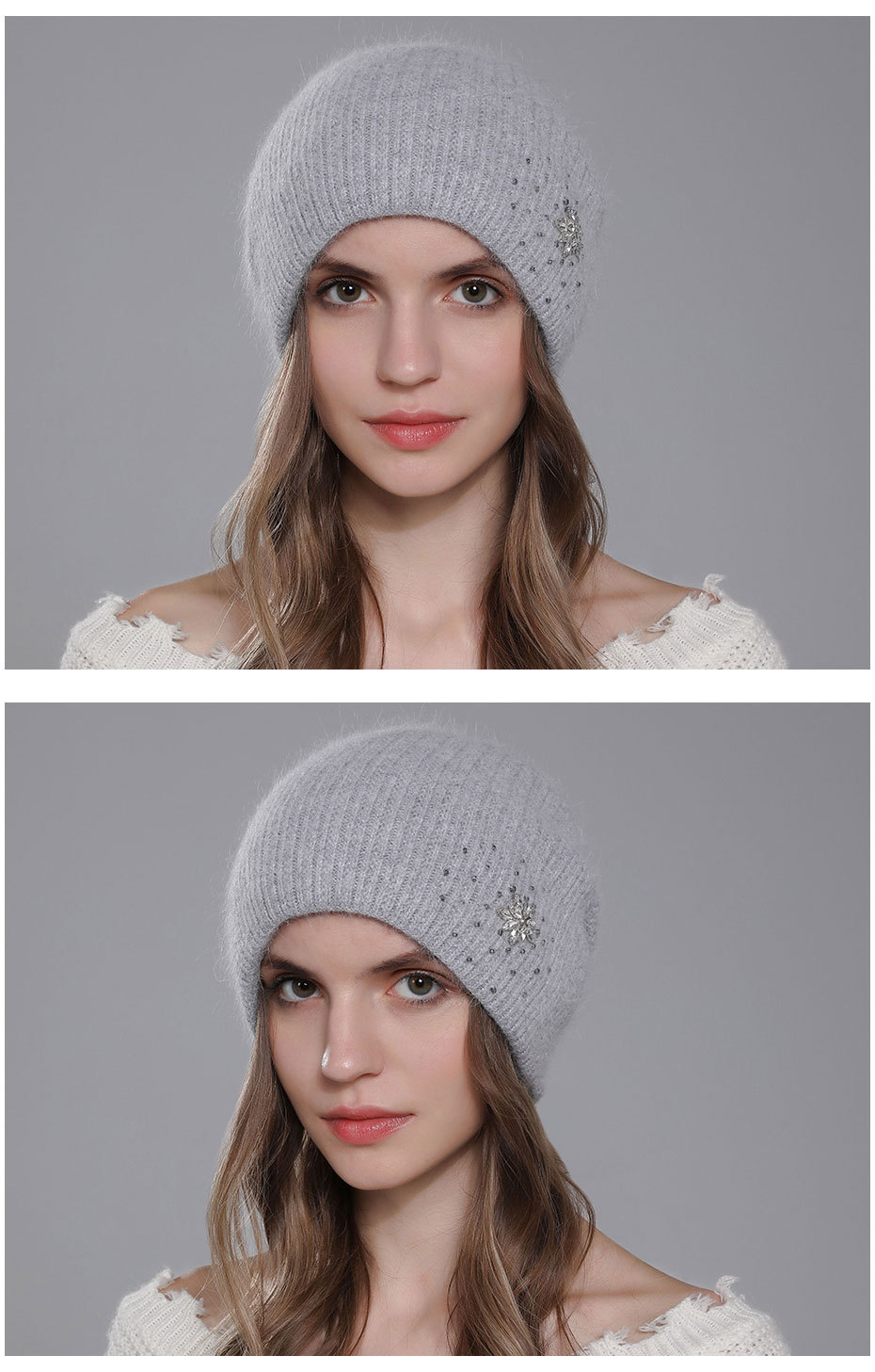 Knitted Beanie Women's Angora Wool Hat With Diamond Embellishment_voghion.com