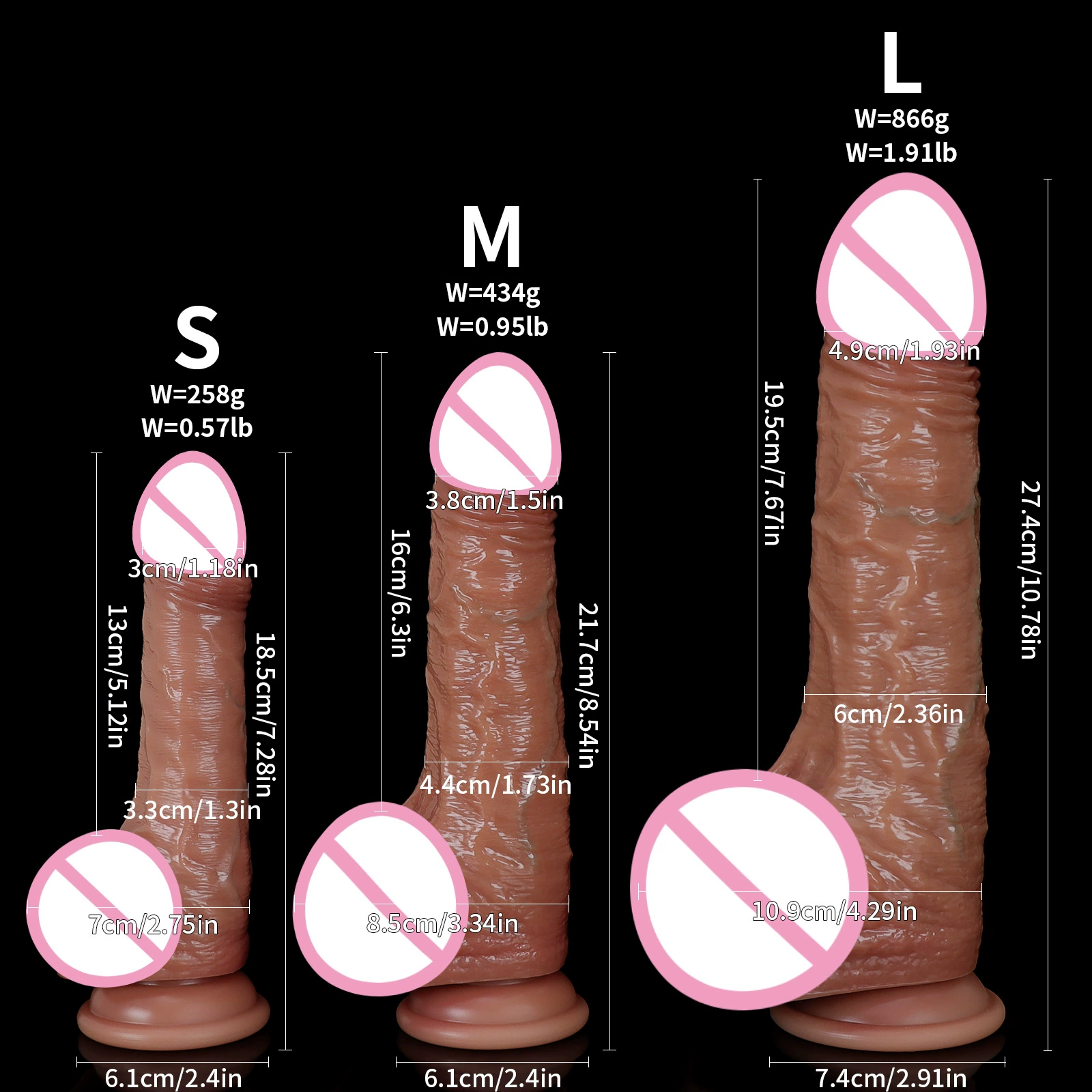 Реалистичный мягкий силиконовый dildo, ручной режим (Мышечный S/M/L), двухслойный силикон, присоска