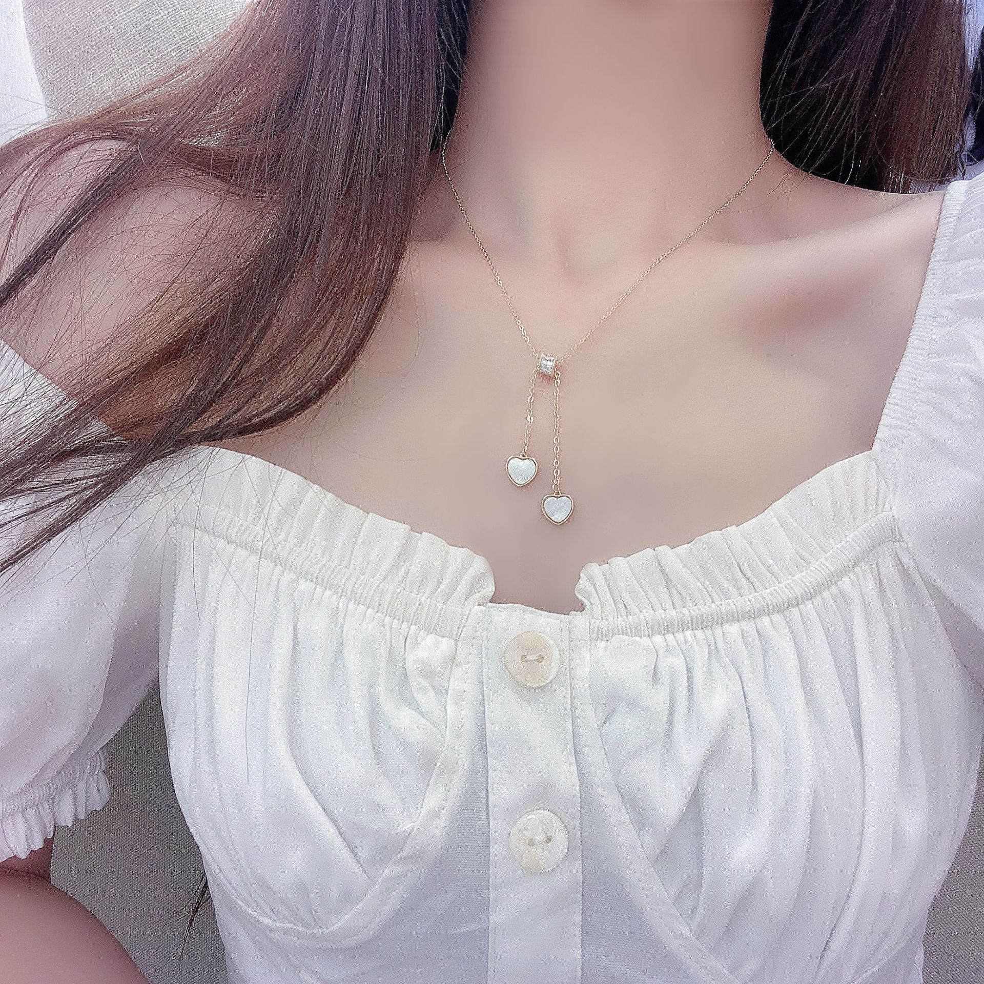 Sweet Heart Shape Titanium Steel Inlay Rhinestones Shell Pendant Necklace 1 Piece