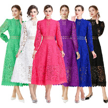 欧美跨境女装连衣裙2025新款重工镂空钩花收腰灯笼袖显瘦礼服裙