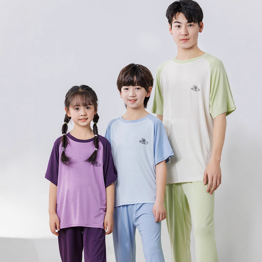 Children's Pajamas, Home Clothes, Summer New Style, Contrasting Color Sleeves, Short-Sleeved Pants Suits for Girls and Boys, Modal Category a
