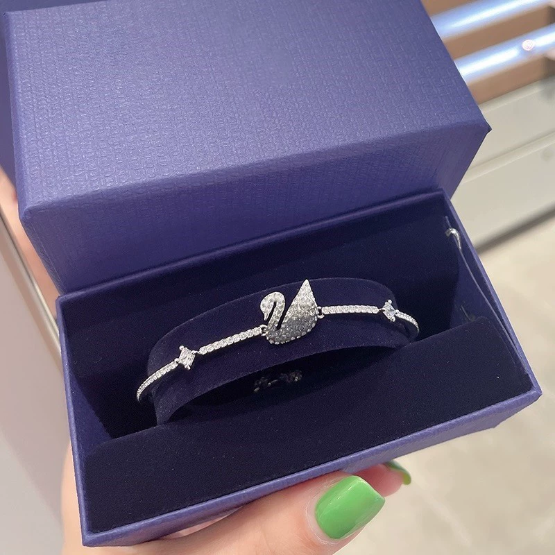 Браслет Swarovski swan, голубой свежий корейский стиль, с лебедем и кристаллами, с регулируемой застёжкой
