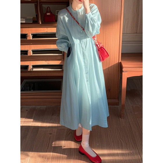 2025 spring dopamine wear beautiful unique beautiful high-end feeling small style blue long sleeve shirt dress
