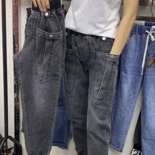Mom Jeans Loose High-Waisted Work Pants with Elastic Waist, Wide Leg, Cuffed Hem, 9/10 Length, Denim Striped