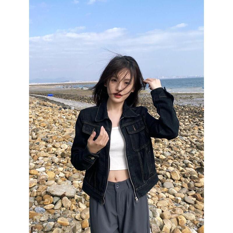 拉链牛仔外套复古小众设计翻领短款开衫秋季百搭修身小香风上衣女|undefined