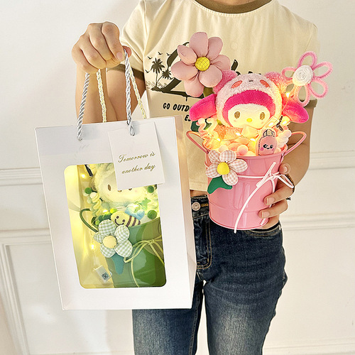 Plush immortal flower potted cartoon animal figurine doll holding flowers for teachers Chinese Valentine's Day gift Teacher's Day gift