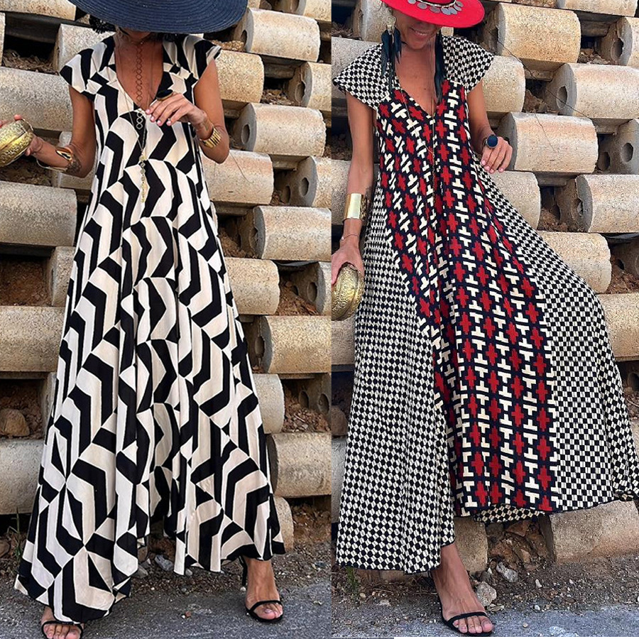 Women's Swing Dress Simple Style V Neck Backless Short Sleeve Geometric Color Block Maxi Long Dress Holiday Daily display picture 1